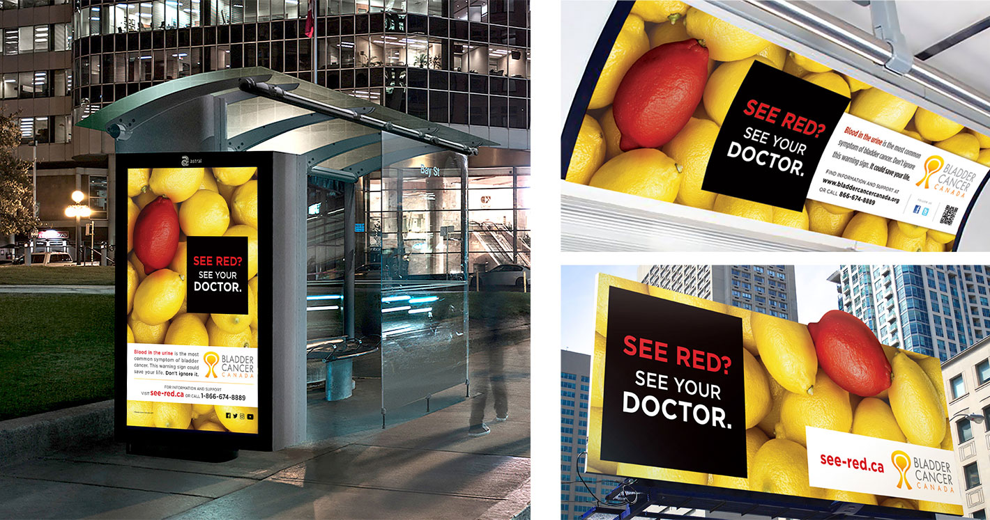 Bladder Cancer Canada creative campaign on a bus shelter at night, inside the subway and also on a billboard in a prime location of a city
