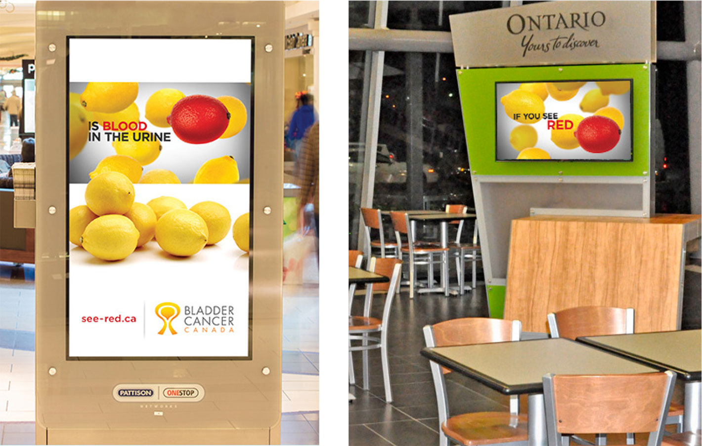Bladder Cancer Canada PSA videos shown on a digital screen in a shopping mall and inside a popular highway rest stop
