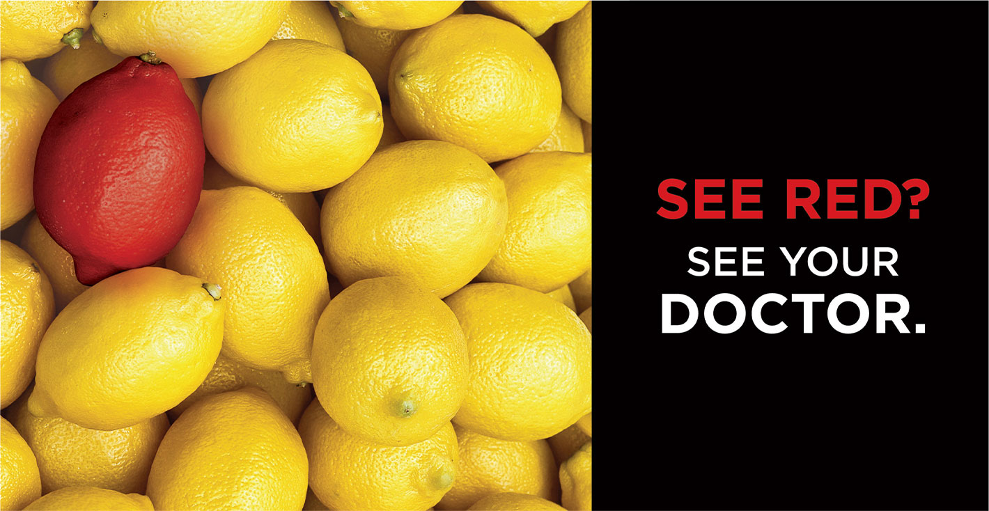 Bladder Cancer Canada awareness campaign creative and headline: See Red? See Your Doctor. Picture of several yellow lemons and one red lemon.