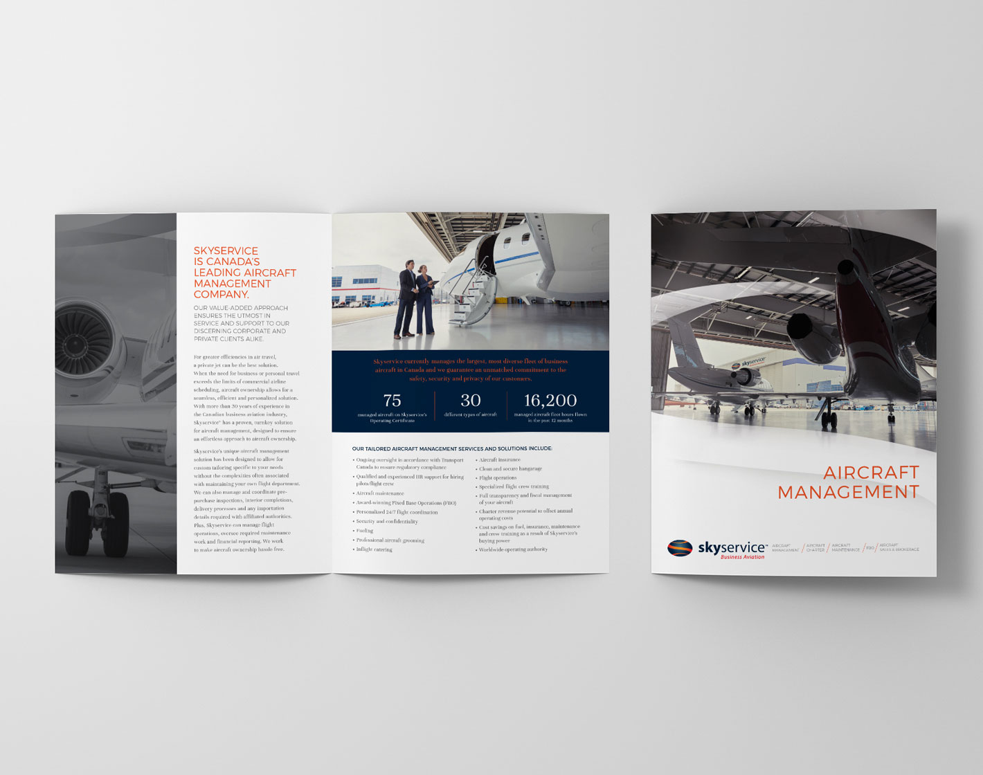 Skyservice aircraft management services brochure laid out on a table