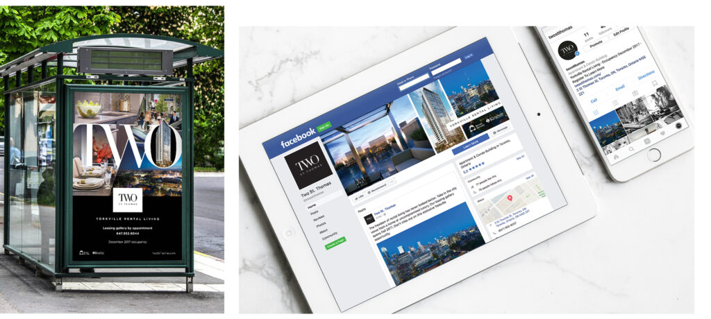 Images of Two. St. Thomas advertisements on a bus shelter during daytime and their social media pages on mobile and tablet screens laid out on a marble table